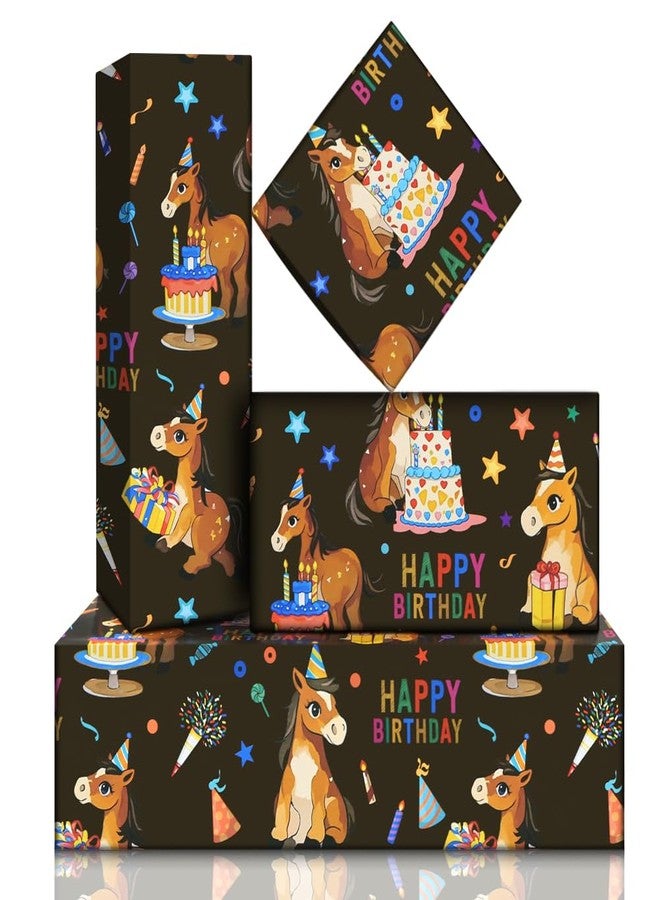 Geluode Horse Happy Birthday Wrapping Paper,Birthday Gift Wrap Black 6 Sheets,Little Brown Horse With Birthday Gifts and Hat Wrapping Paper 20x28Inch For Girls Boys Kids Birthday Farm Animal Party - Image 1